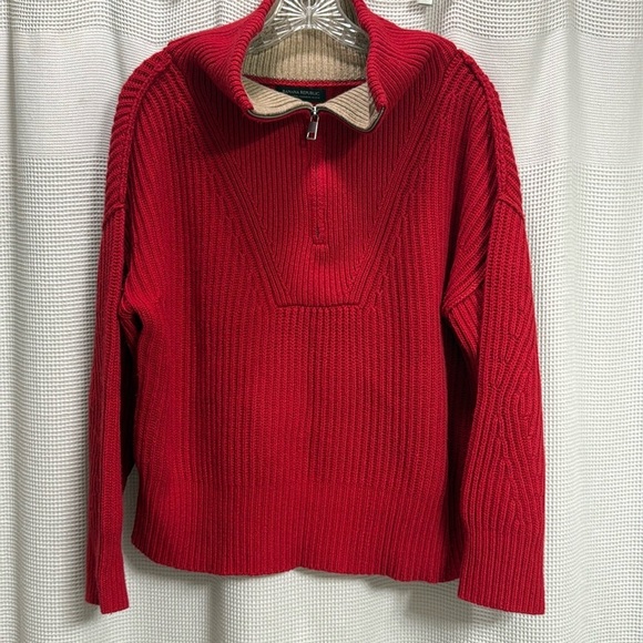 Cashmere Blend ribbed 1/4 zip funnel neck SZ XL Holiday red w camel interior LUX - Picture 1 of 7